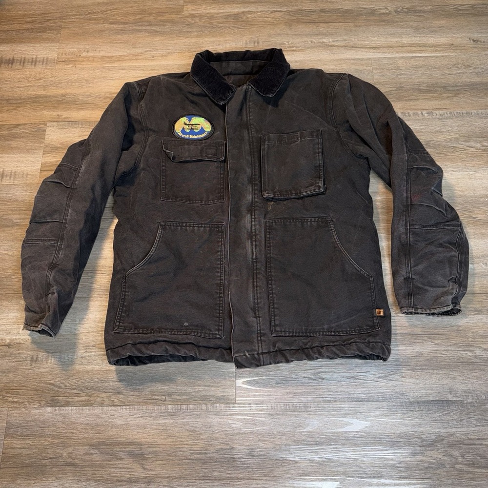 VTG CAT Workwear Black Insulated Jacket Mens Large Fleece Lining AR Patch Logo
